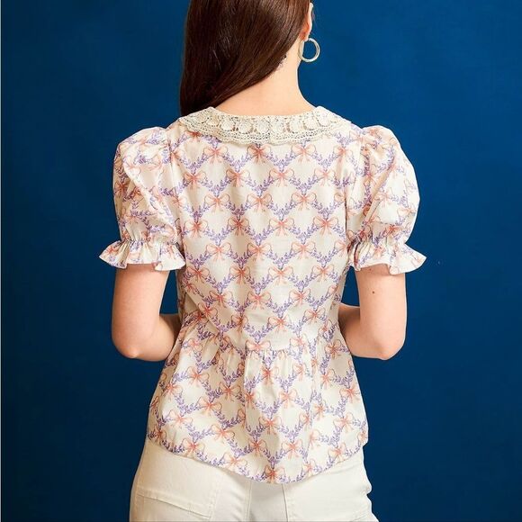 *Last DAY*Umgee Lace Bow Print Flounce Sleeve Blouse - Picture 2 of 4